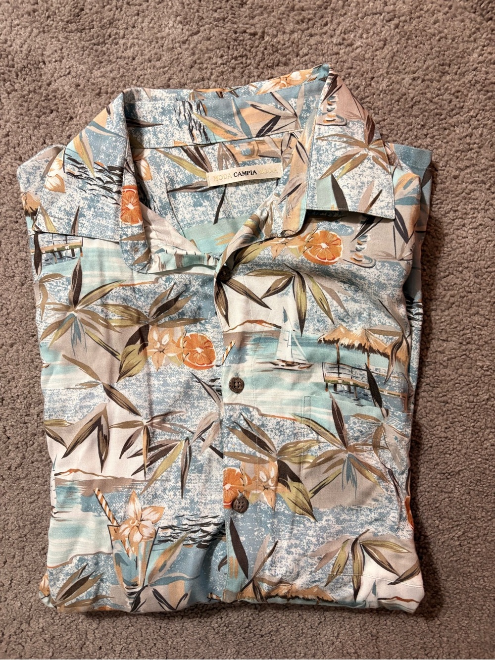 Casual Men's Tropical Print Button-Down Shirt in Light Blue & Tan - Campia Moda